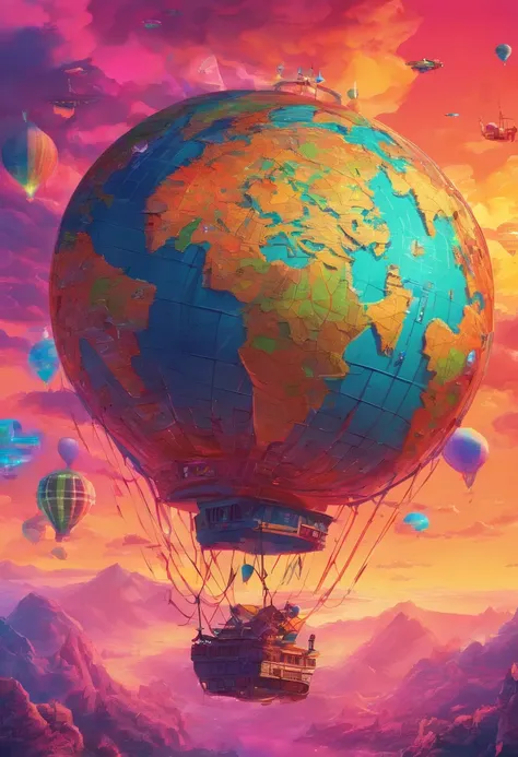 A picture of a hot air baloon whose baloon is a the (map of Earth: best detailed, masterpiece, ultra detailed: 1.5), it flies at dawn, over rolling grass hills, high details, best quality, 16k, [ultra detailed], masterpiece, best quality, (ultra detailed),...