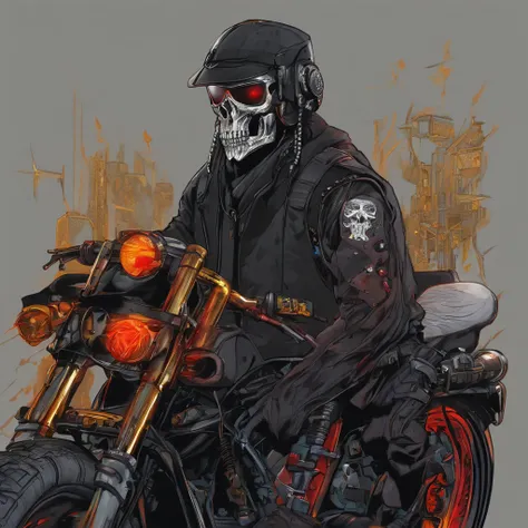 1 highly reflective chrome skull head member of the male cyberpunk motorcycle gang black with dreadswith LED illuminated cybernetic prosthetic arms housing retractable hidden weapons and bright white eyes, All black leather and motorcycle vest with skull m...