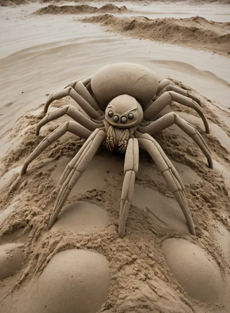 in a sand sculpture style,  dramatic award winning nature action photography of  spider wandering  in its natural environment