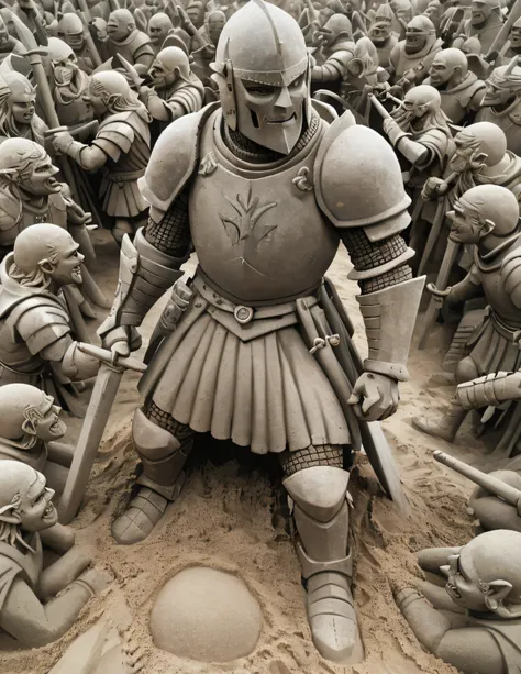 in a sand sculpture style,  a knight in shining armor facing down a horde of goblins.