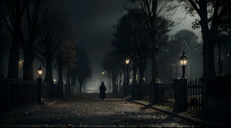 (best quality,ultra-detailed,realistic:1.37),dark and eerie city resembling 1800s London, foggy and gloomy night, heavy and unsettling atmosphere, surrounded by a dense and dark forest, haunting ambiance, dimly lit gas lamps, cobblestone streets, towering ...