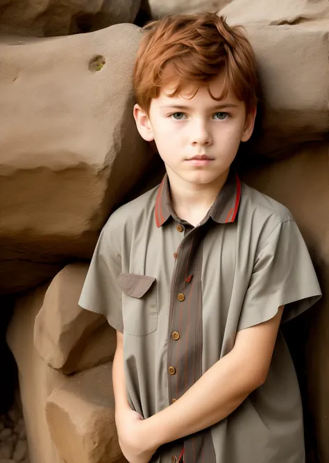 Young boy, red hair, using clothes from 6000 years ago, looking to the camera