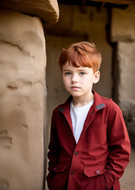 Young boy, red hair, using clothes from 6000 years ago, looking to the camera