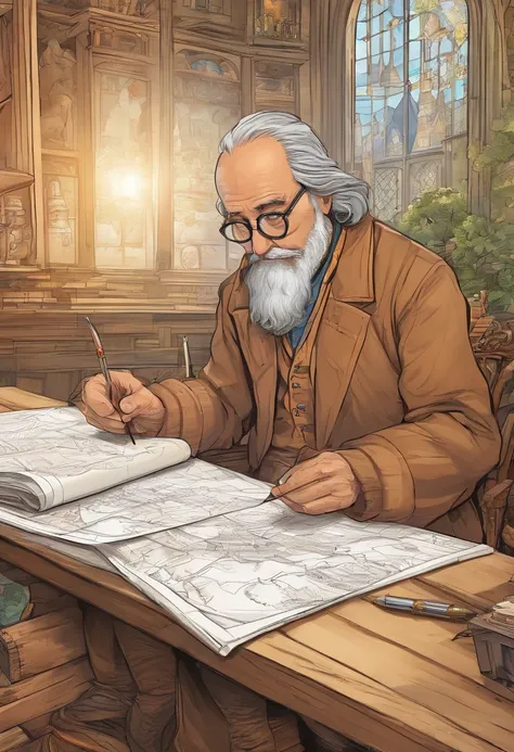 An engineer drawing a plan of a hot air baloon on paper, an old medieval man weaing glasses drawing the plans of a hot air baloon, the lines in the plan are the hot air baloon to exteme details, it is painted paper, with pencil, medival study room backgrou...