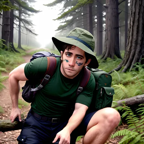 Jake Gyllenhaal Wearing explorers clothing, with a sturdy long-sleeved shirt, cargo pants. He carries a backpack with research equipment and an old map. suspense, mystery, forest setting