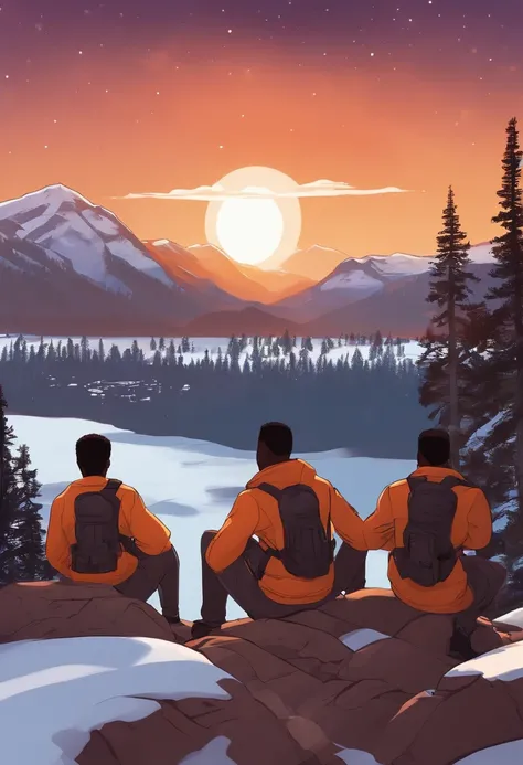 3 black teenagers with guns seen from shore, mountainous adventure scenery, cartoon, snow on mountain peak, dusk, starry sky, orange sky