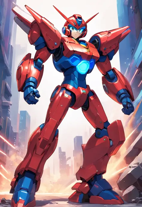 Megaman X, 7 foot tall robot transformers look, full red armor, full blue helm but open mouth area, large size red boots up to knee, running at view, large arm weapon aim at view