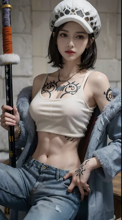 masterpiece, best quality, 8k,highestres, absurdres, extremely detailed, female trafalgar law, 1girl, 1sword, solo, looking at viewer, short hair, medium breasts, hat, navel, cleavage, collarbone, earrings, midriff, pants, coat, fur trim, denim, jeans, sho...