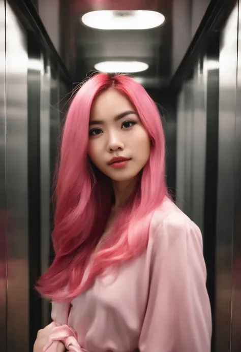 Pink hair asian girl making selfie in the elevator, young , long hair