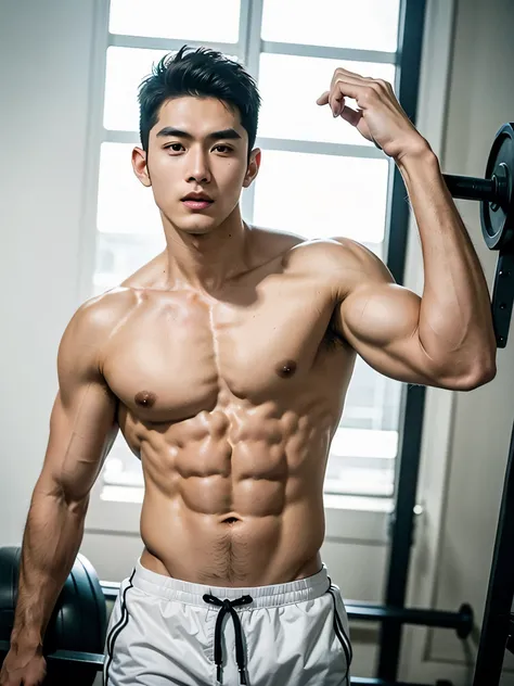 (Alafed man training in gym）, Asian Male, model with attractive body, male model, Korean Male, Handsome men, Japanese Models, lean man with light tan skin, attractive male, young man with beautiful face, attractive face and body, handsome chad chin, mid-sh...