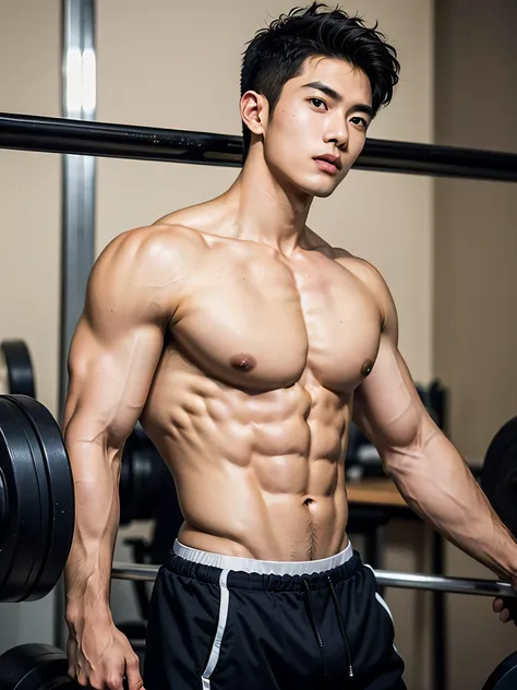 (Alafed man training in gym）, Asian Male, model with attractive body, male model, Korean Male, Handsome men, Japanese Models, lean man with light tan skin, attractive male, young man with beautiful face, attractive face and body, handsome chad chin, mid-sh...