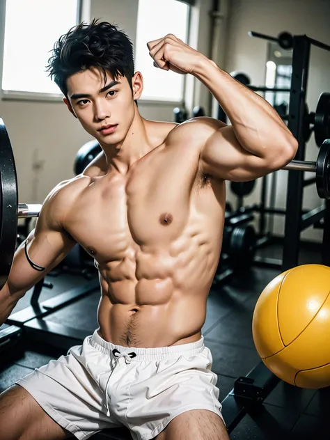 (Alafed man training in gym）, Asian Male, model with attractive body, male model, Korean Male, Handsome men, Japanese Models, lean man with light tan skin, attractive male, young man with beautiful face, attractive face and body, handsome chad chin, mid-sh...