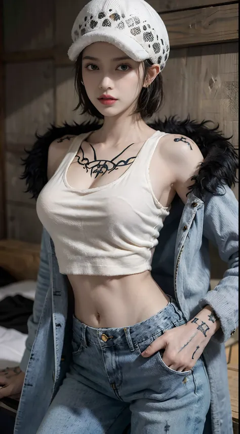 masterpiece, best quality, 8k,highestres, absurdres, extremely detailed, female trafalgar law, 1girl, 1sword, solo, looking at viewer, short hair, medium breasts, hat, navel, cleavage, collarbone, earrings, midriff, pants, coat, fur trim, denim, jeans, sho...