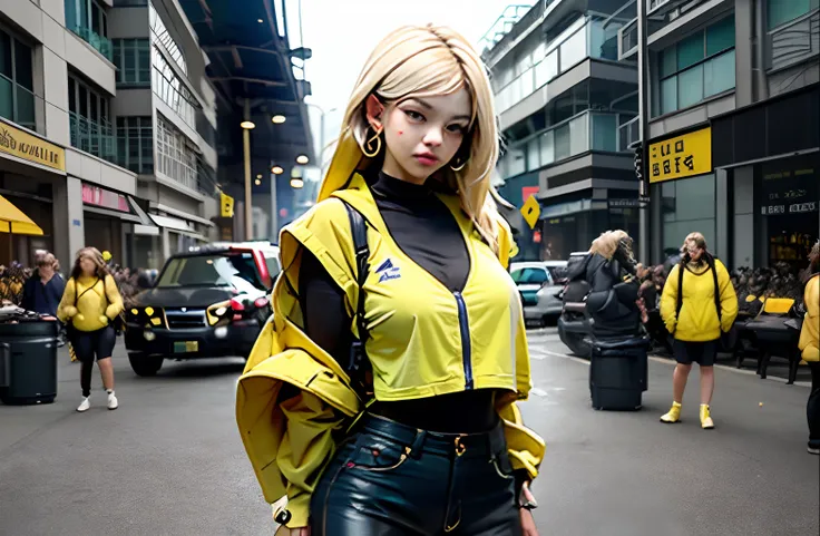 best quality, highres, solo, blonde hair, a female character is wearing a yellow and black colored outfit with a backpack and a yellow vest, dark black and yellow travel & sports leisure, blue eyes, long hair, hoop earrings, headphones, chunky cuban link j...