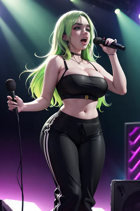 Billie Eilish, long hair, neon green hair, black highlights in hair, black tube top, huge breasts, baggy track pants, singing on stage, singing in front of crowd, out of breath, holding microphone, hourglass figure,