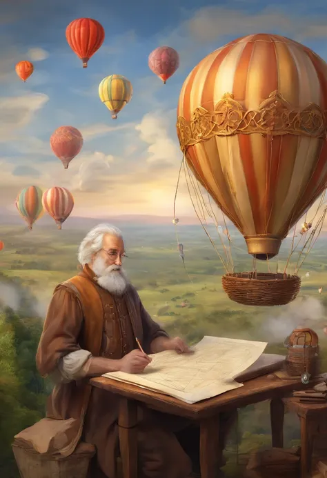 An medieval engineer drawing a plan of a hot air baloon on paper, an old medieval man weaing glasses drawing the plans of a (hot air baloon: 1.5) the lines in the plan are the hot air baloon to exteme details, it is painted paper, with pencil, medival stud...