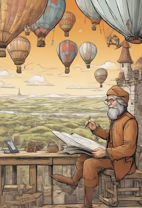 An medieval engineer drawing a plan of a hot air baloon on paper, an old medieval man weaing glasses drawing the plans of a (hot air baloon: 1.5) the lines in the plan are the hot air baloon to exteme details, it is painted paper, with pencil, medival stud...