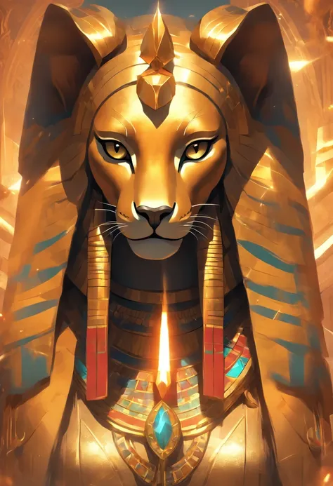 (((Sekhmet))) best quality, ultra-high resolution, CG detalhado 4K, piece of master, Woman, Deusa Felina, Pharaohs Crown, Adorno, egyptian clothes, Egyptian mythology, deserto, esthetic, ((Feline head)), Standing, Beautiful image, Centrado