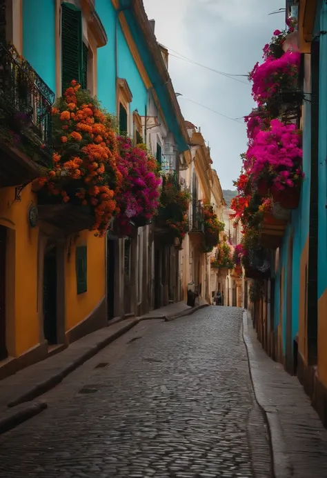 Rua da cidade com flores, A city street with buildings