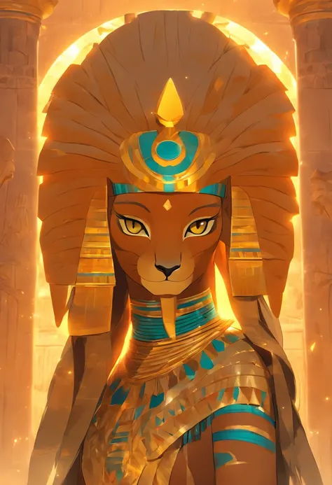 (((Sekhmet))) best quality, ultra-high resolution, CG detalhado 4K, piece of master, Woman, Deusa Felina, Pharaohs Crown, Adorno, Roupas modernas, Egyptian mythology, deserto, esthetic, ((Feline head)), Standing, Beautiful image, Centrado