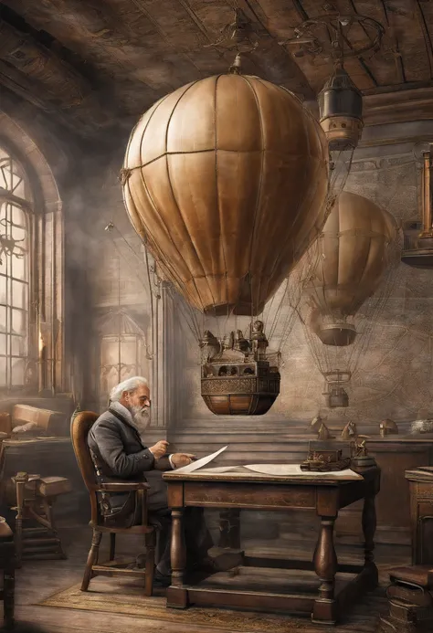 An medieval engineer drawing a plan of a hot air baloon on paper, an old medieval man weaing glasses drawing the plans of a (hot air baloon: 1.5) the lines in the plan are the hot air baloon to exteme details, it is painted paper, with pencil, medival stud...