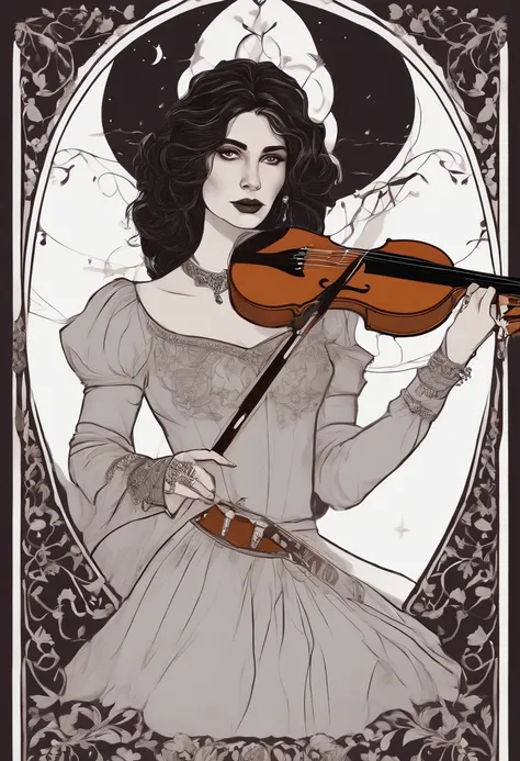 A drawing of a woman with a magic violin and a necklace, um bardo humano, bardo tiefling, Abigail Larson, No estilo de arte de Bowater, (violino fantasia), is playing a lute, classical witch, Morgana, fanart oficial, Preto - Mago Cabelo, Luthien, holding a...