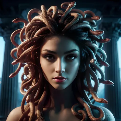 photorealistic:1.2, the Greek mythological creature Medusa, A very beautiful woman with a long hair made of snakes, her eyes are  glowing, she is looking at the camera,she is an ancient geek temple, ancient Greek architecture, photorealistic, shot by ARRI ...