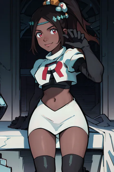 timerra, hair ornament, rocket,team rocket uniform, red letter R, white skirt,white crop top,black thigh-highs,black elbow gloves, confident smile, dark skin