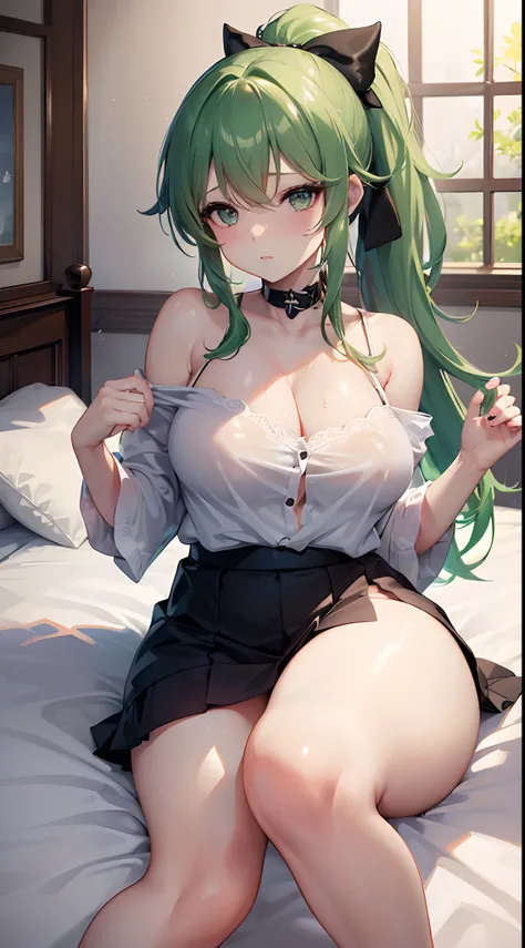 (Best Quality, High resolution:1.37), Girl with short ponytail and green hair, yellow ribbon, Blue eyes, large rounded chest, Completely naked, A ponytail that reaches her shoulders, Spread your legs on the bed, shiny breasts and thighs, wet chest, Wet thi...