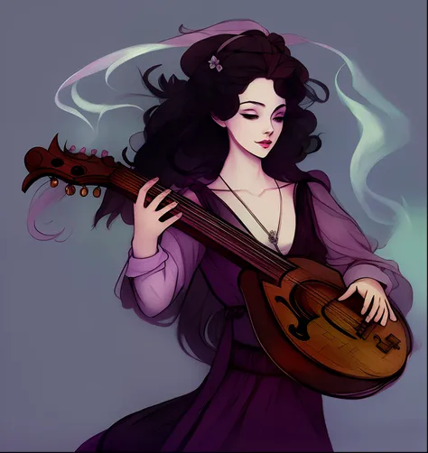 um desenho de uma mulher com um alaude e um colar, um bardo humano, bardo tiefling, Abigail Larson, No estilo de arte de Bowater, (violino fantasia), is playing a lute, classical witch, Morgana, fanart oficial, Preto - Mago Cabelo, Luthien, holding a lute,...