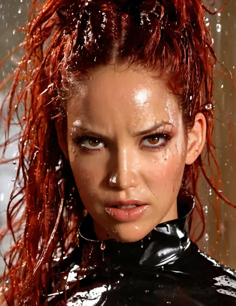 photo of bncbchmp,  downpour, soaking wet, dripping wet, wet hair, runny makeup, scared, action pose, facing viewer, accurate li...