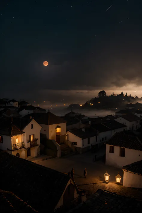 Um vilarejo vazio, with several houses with candle lighting in the window, distante da vila tem um castelo sombrio, The weather is foggy, the sky is starry with the Blood Moon gaining prominence in the sky and lighting up the entire village