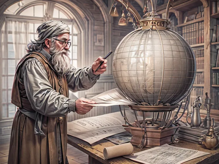 An medieval engineer drawing a plan of a hot air baloon on paper, an old medieval man weaing glasses drawing the plans of a (hot air baloon: 1.5) the lines in the plan are the hot air baloon to exteme details, it is painted paper, with pencil, medival stud...