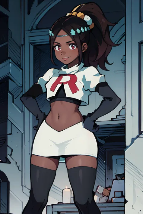 timerra, hair ornament, rocket,team rocket uniform, red letter R, white skirt,white crop top,black thigh-highs,black elbow gloves, confident smile, dark skin, hands on hips