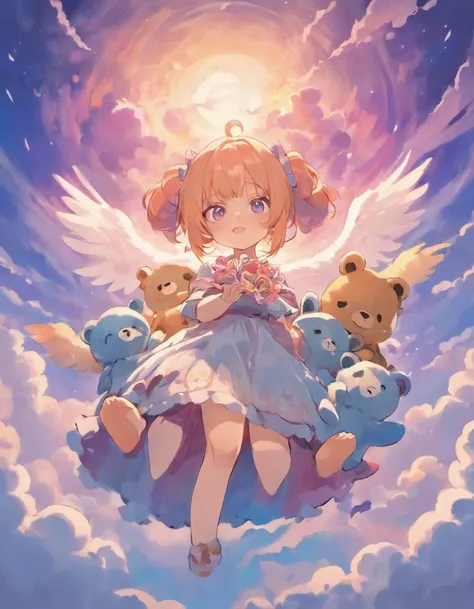 Girl with bear ears is holding a stuffed bear　God　on clouds　Deities々Right　Fantastical