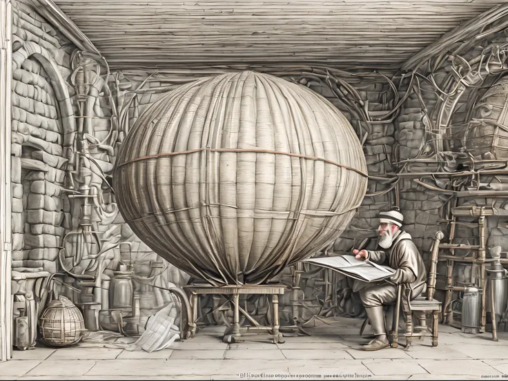 An medieval engineer drawing a plan of a hot air baloon on paper, an old medieval man weaing glasses drawing the plans of a (hot air baloon: 1.5) the lines in the plan are the hot air baloon to exteme details, it is painted paper, with pencil, medival stud...