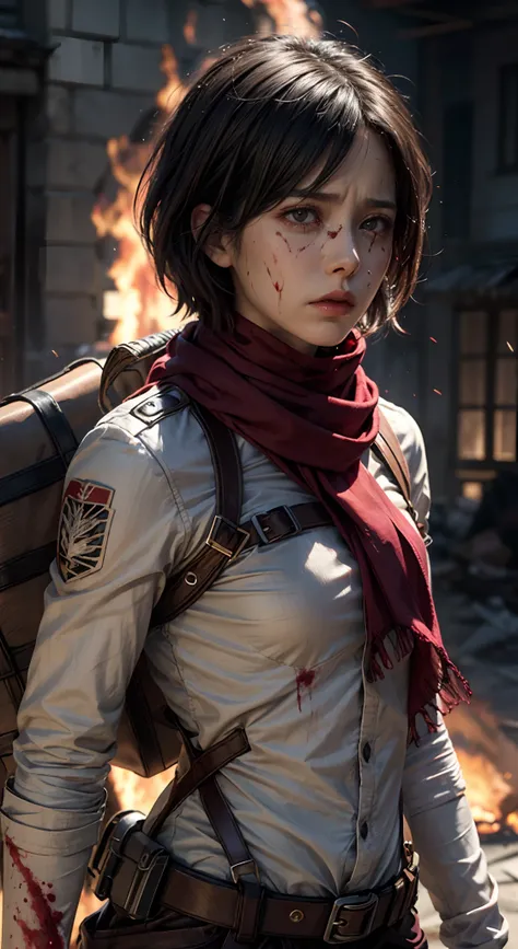 (masterpiece), (hyper realistic), Attack on Titan, half body shot, Mikasa Ackerman, Crying, sadness, Tears, A maroon scarf around his neck, blood stains on his face and clothes, dinamic lighting, dramatic fire background