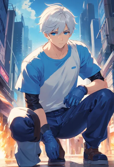 A very handsome male warrior., Short white hair, sharp, , blue eyes, wearing white t-shirt, Dark blue trousers, leather gloves,