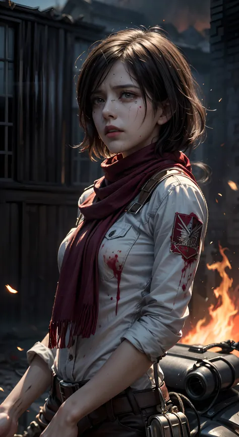 (masterpiece), (hyper realistic), Attack on Titan, half body shot, Mikasa Ackerman, Crying, sadness, Tears, A maroon scarf around his neck, blood stains on his face and clothes, dinamic lighting, dramatic fire background