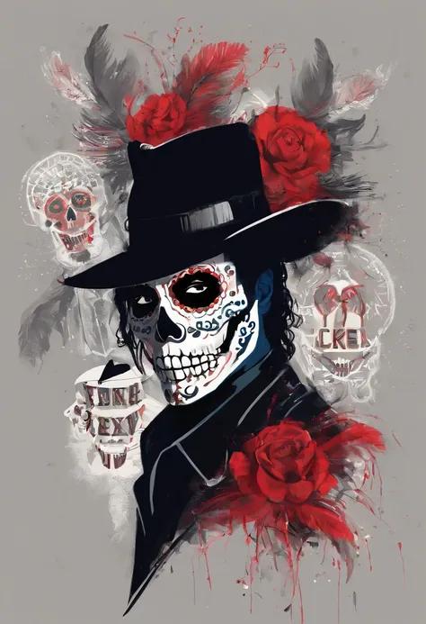 Colored picture of Michael Jackson as a sugar skull man in a black suit, with a fedora hat with a red feather,