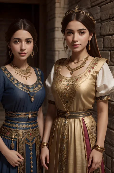 high quality, ultra-realistic, closeup portrait of two Beautiful women of ancient Mesopotamia, full body, ancient Mesopotamian civilization, Babylonia, Uruk, tunics of various lengths, linen garments, agate necklaces, paisley clothing, Kaunakes, bronze war...