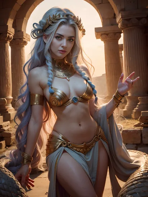 photorealistic:1.2, the Greek mythological creature Medusa, A very beautiful woman with a long hair made of snakes, her eyes are  glowing, she is looking at the camera,she is an ancient geek temple, ancient Greek architecture, photorealistic, shot by ARRI ...