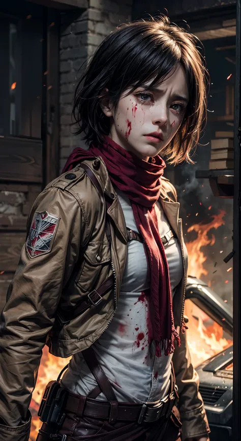 (masterpiece), (hyper realistic), Attack on Titan, half body shot, Mikasa Ackerman, Crying, sadness, Tears, A maroon scarf around his neck, blood stains on his face and clothes, dinamic lighting, dramatic fire background