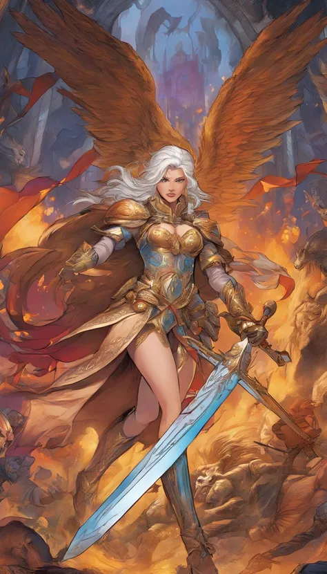 Vivid colors, detailed armor, engraved metallic armor, intricate designs on the armor, intricate armor engravings, imposing and powerful stance, fierce , flowing pixie white hair, dynamic pose, intense battle scene, fantasy setting, vibrant colors, dramati...