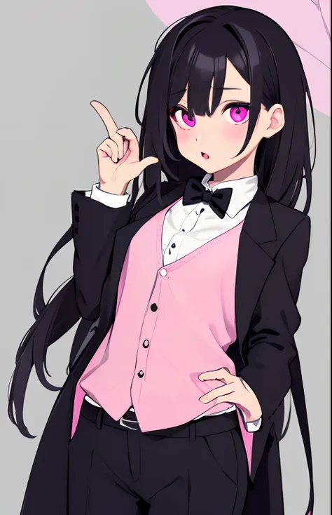 an obsessive girl with pink heart shaped eyes in a tuxedo in black and white