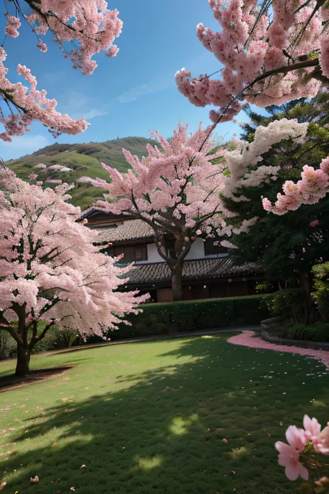 Image of a sakura with pink petals, Lots of petals flying, A blue sky, um gramado verde, 8k, realista