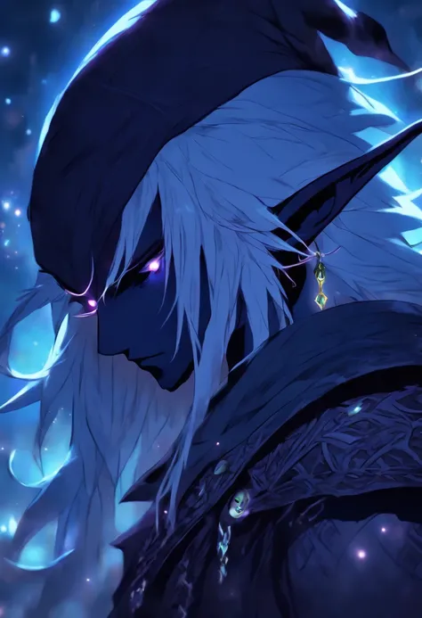 (Drow elf male) A drow elf, Blindfold over eyes, floating eyeball over head, magical, gothic clothing, black and white style, long black hair, pointed ears, cultish, floating eyes, moon imagery, moon, moon engravings, Blindfold