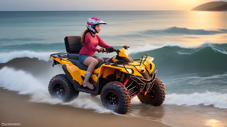 Final de tarde na praia uma menina e seu quadriciclo atv