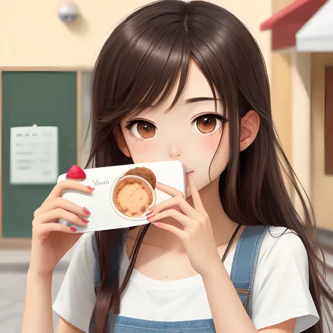 painel estilo boku no pico, Long haired girl taking picture with an ice cream in her hand