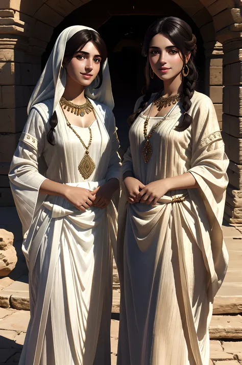 high quality, ultra-realistic, closeup portrait of two beautiful women of ancient mesopotamia, full body, ancient mesopotamian c...